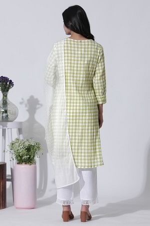 White & Green Checker Cotton Kurta, Pants With Dupatta Set - Image 4