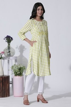White & Green Checker Cotton Kurta, Pants With Dupatta Set - Image 5