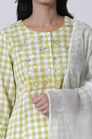 White & Green Checker Cotton Kurta, Pants With Dupatta Set - Image 6