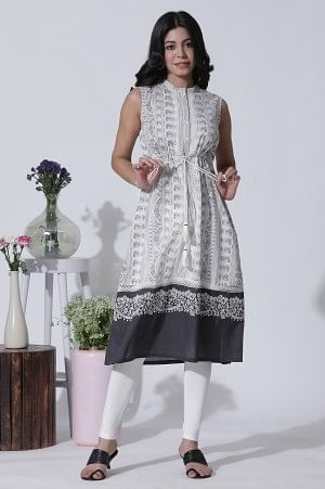 White & Grey Printed Cotton Dress And Tights Set - Image 2