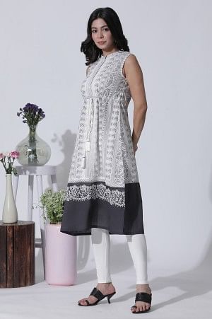 White & Grey Printed Cotton Dress And Tights Set - Image 3