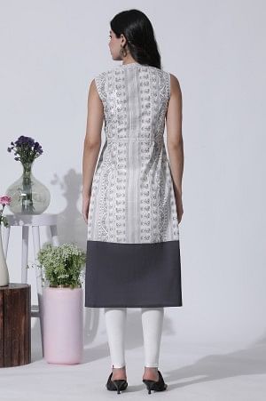 White & Grey Printed Cotton Dress And Tights Set - Image 4
