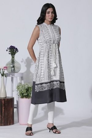 White & Grey Printed Cotton Dress And Tights Set - Image 5