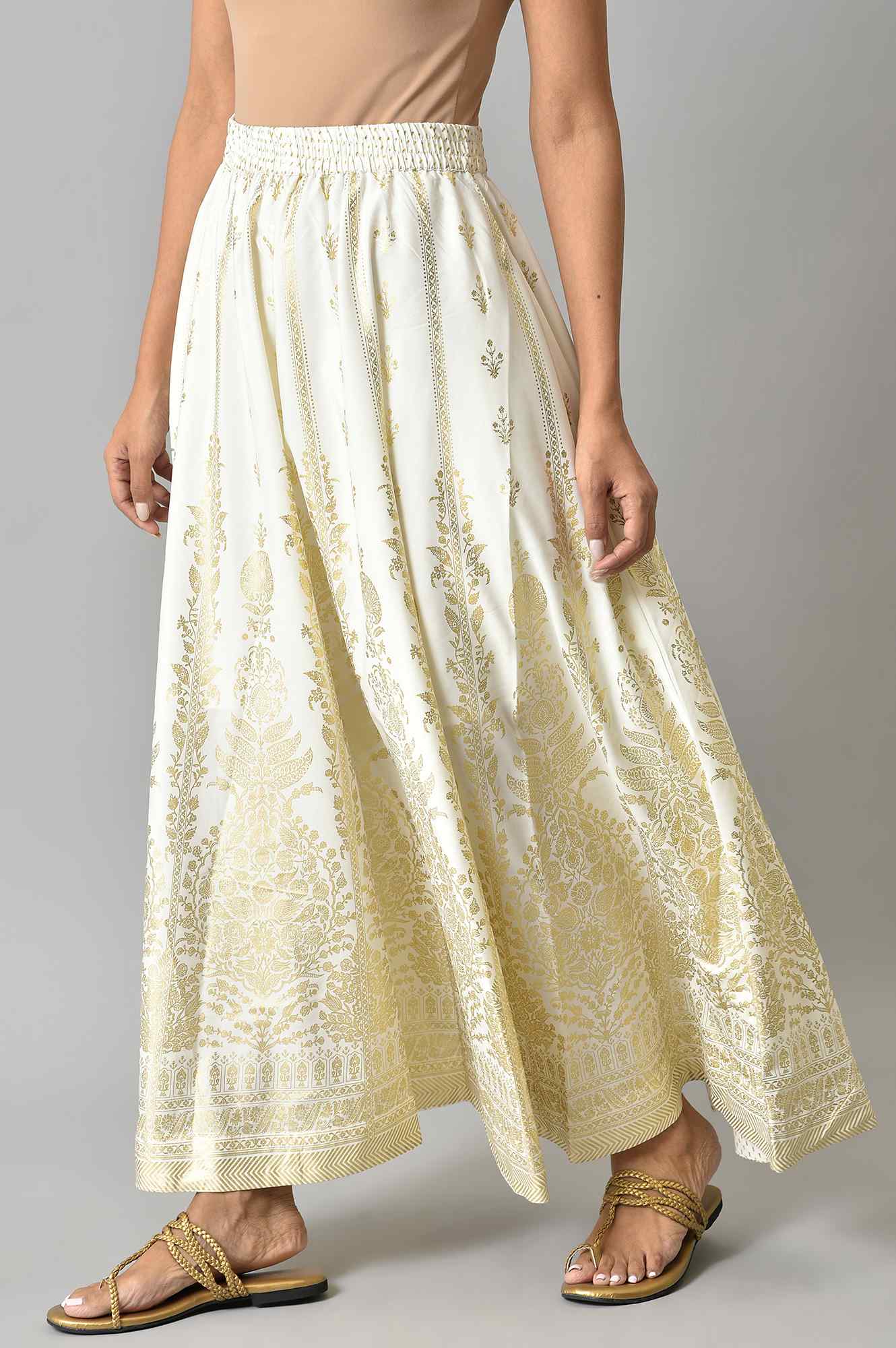 White Floral Printed Flared Woven Skirt With Elasticated Waist - Image 3