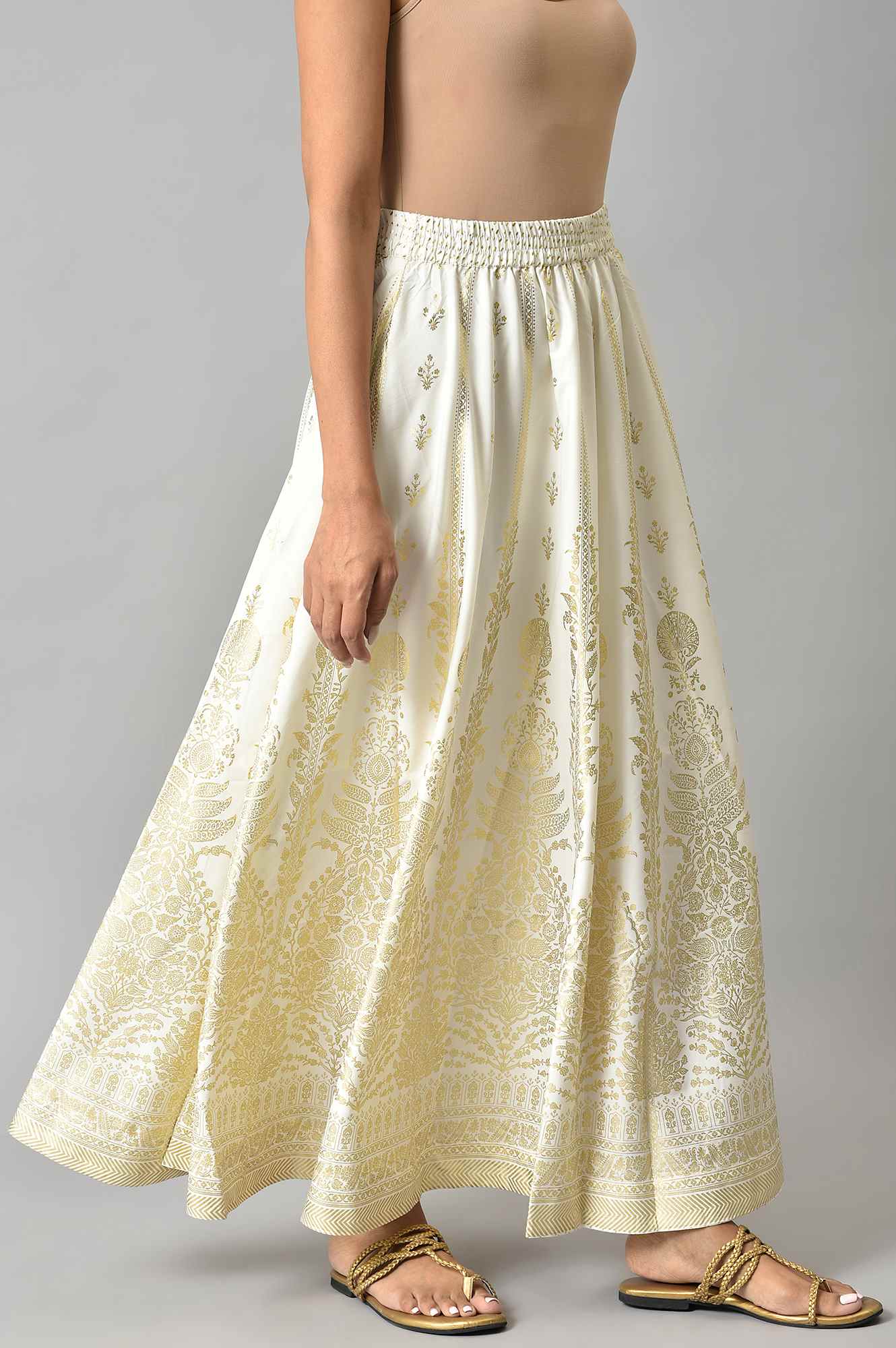 White Floral Printed Flared Woven Skirt With Elasticated Waist - Image 4