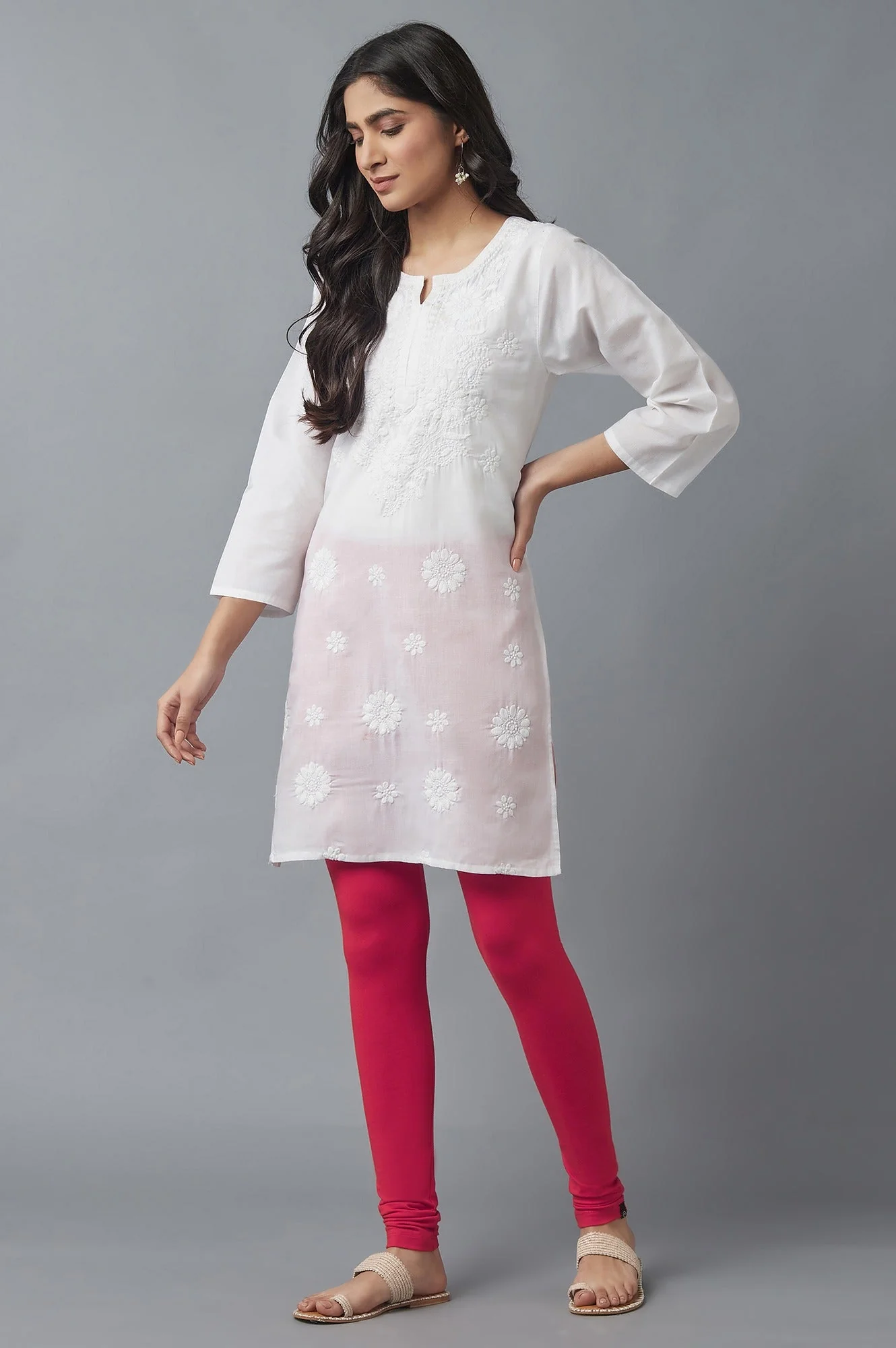 Red Solid Skinny Fit Cotton Tights With Elasticated Waist - Image 5
