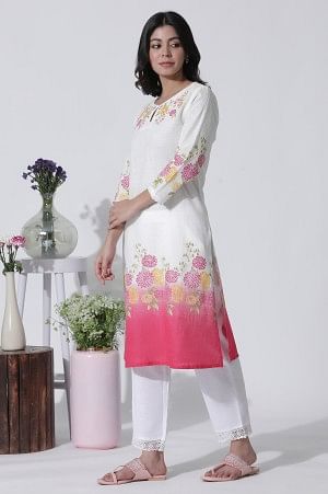 White & Pink Ombre Floral Printed Cotton Kurta, Straight Pants And Kota Dupatta - Image 3