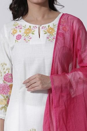 White & Pink Ombre Floral Printed Cotton Kurta, Straight Pants And Kota Dupatta - Image 6