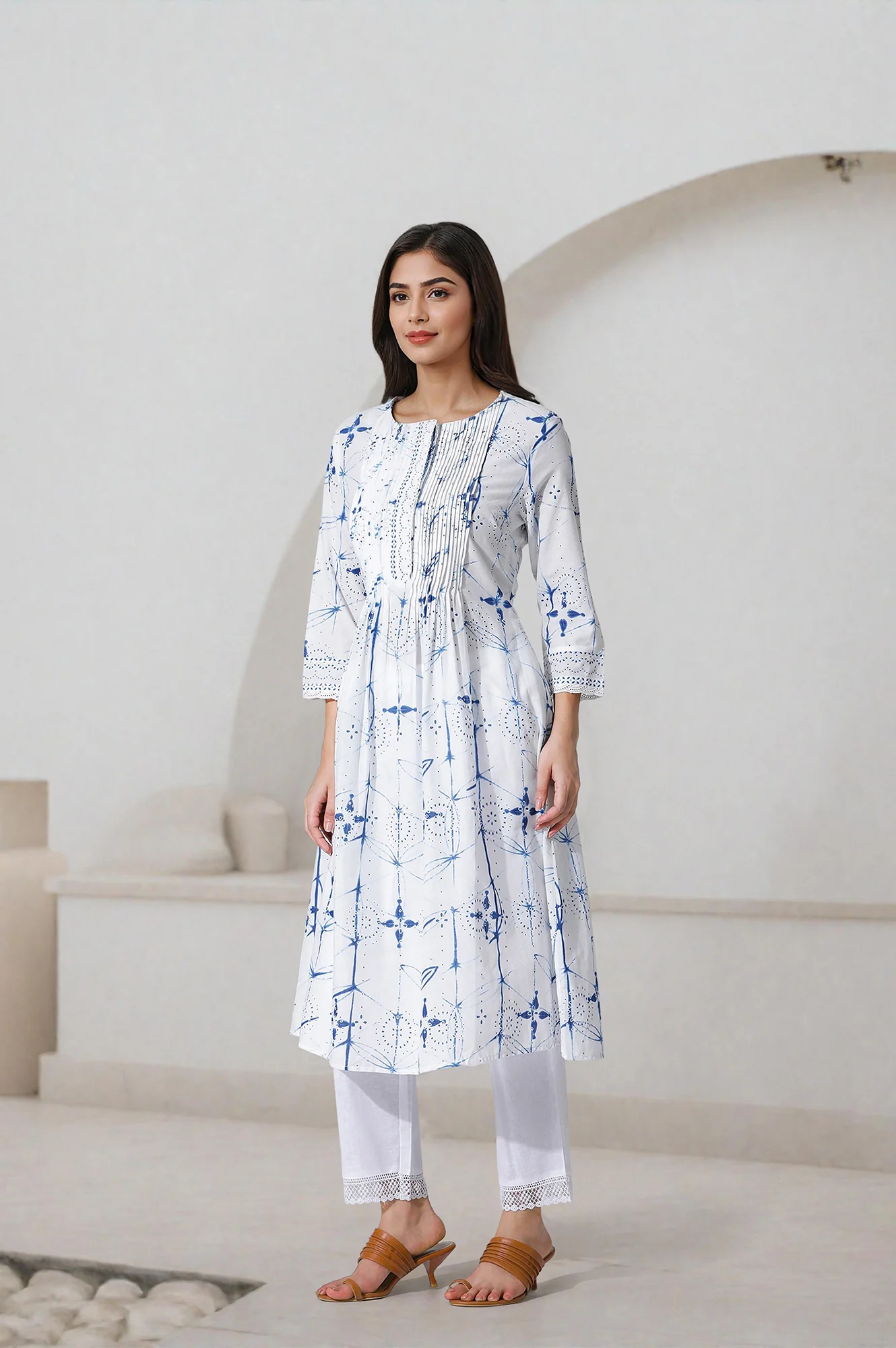 White Printed A-Line Cotton Kurta And Pants Set - Image 3