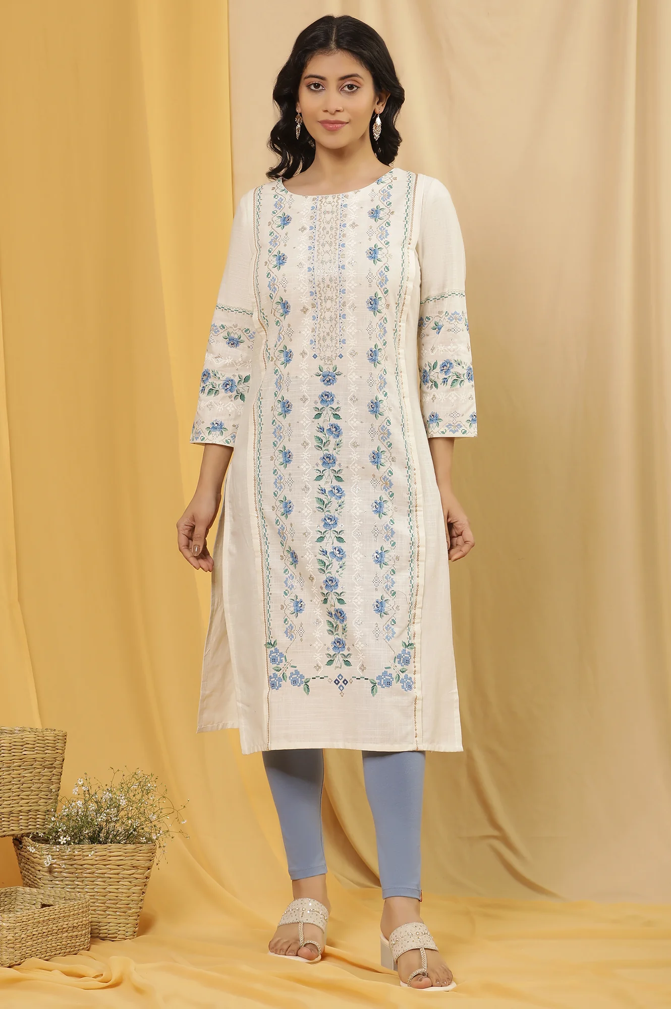 White Printed Straight Kurta And Tights Set - Image 2