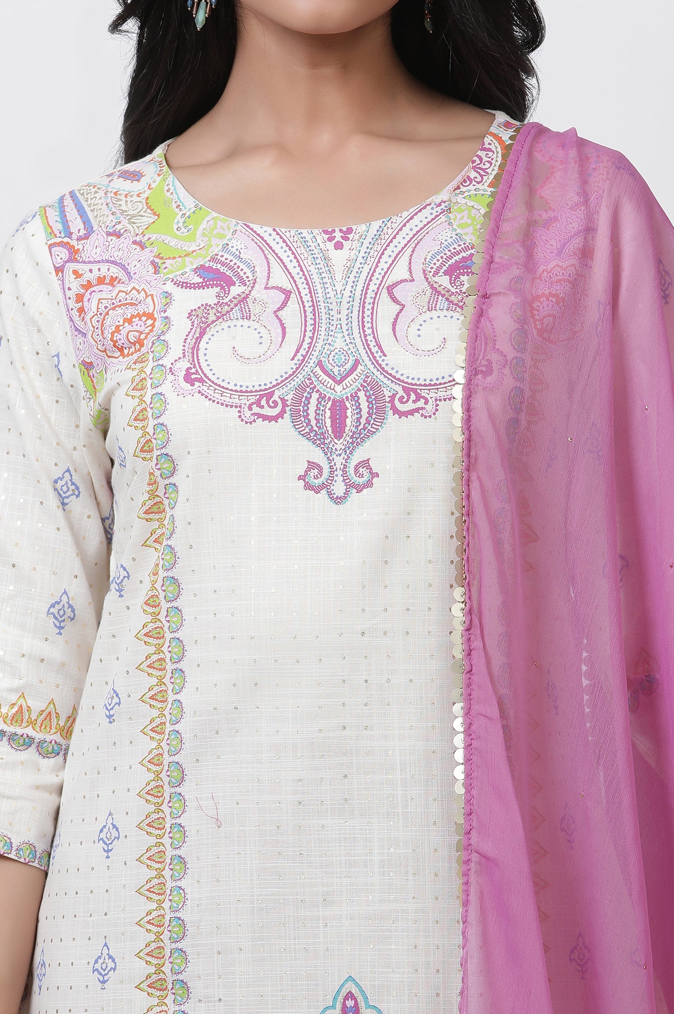 White Printed Straight Kurta, Pants And Dupatta Set - Image 6