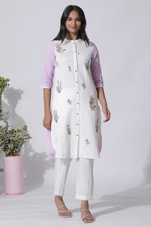 White & Purple Embroidered Cotton Kurta And Pants Set - Image 2