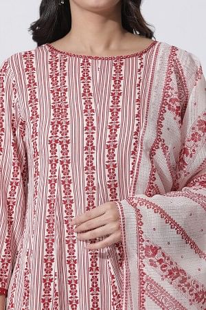 White & Red Printed Flared Kurta, Cotton Pants With Dupatta Set - Image 6