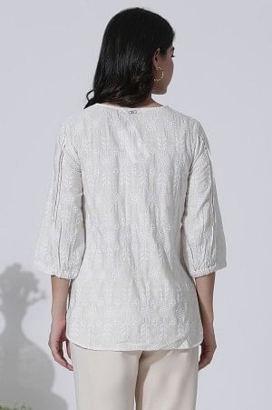 White Schiffli Top with Curved Hemline - Image 3