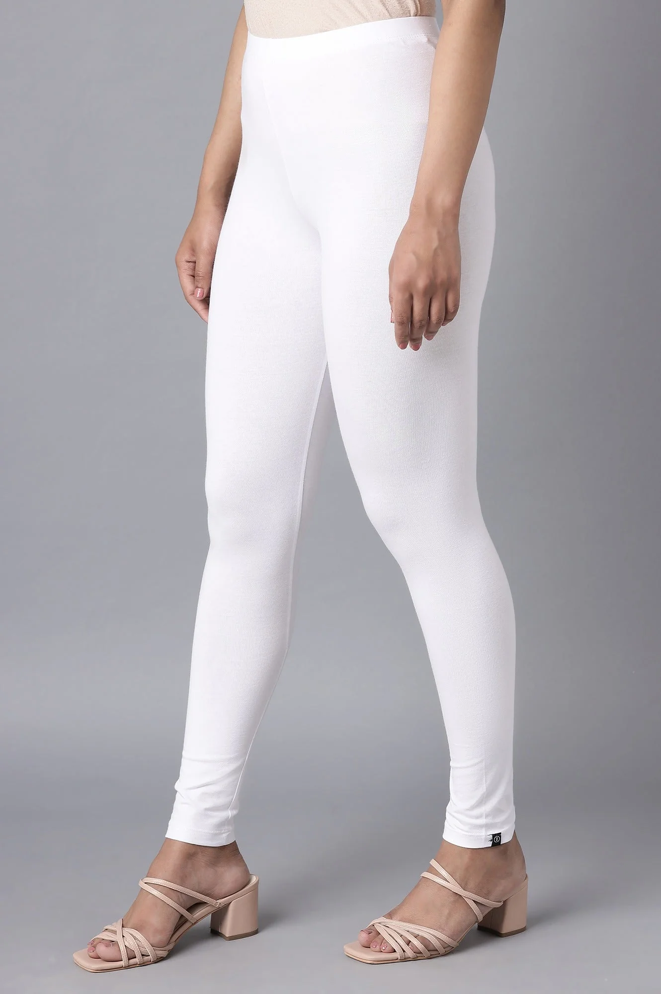 White Solid Skinny Fit Cotton Tights With Elasticated Waist - Image 3