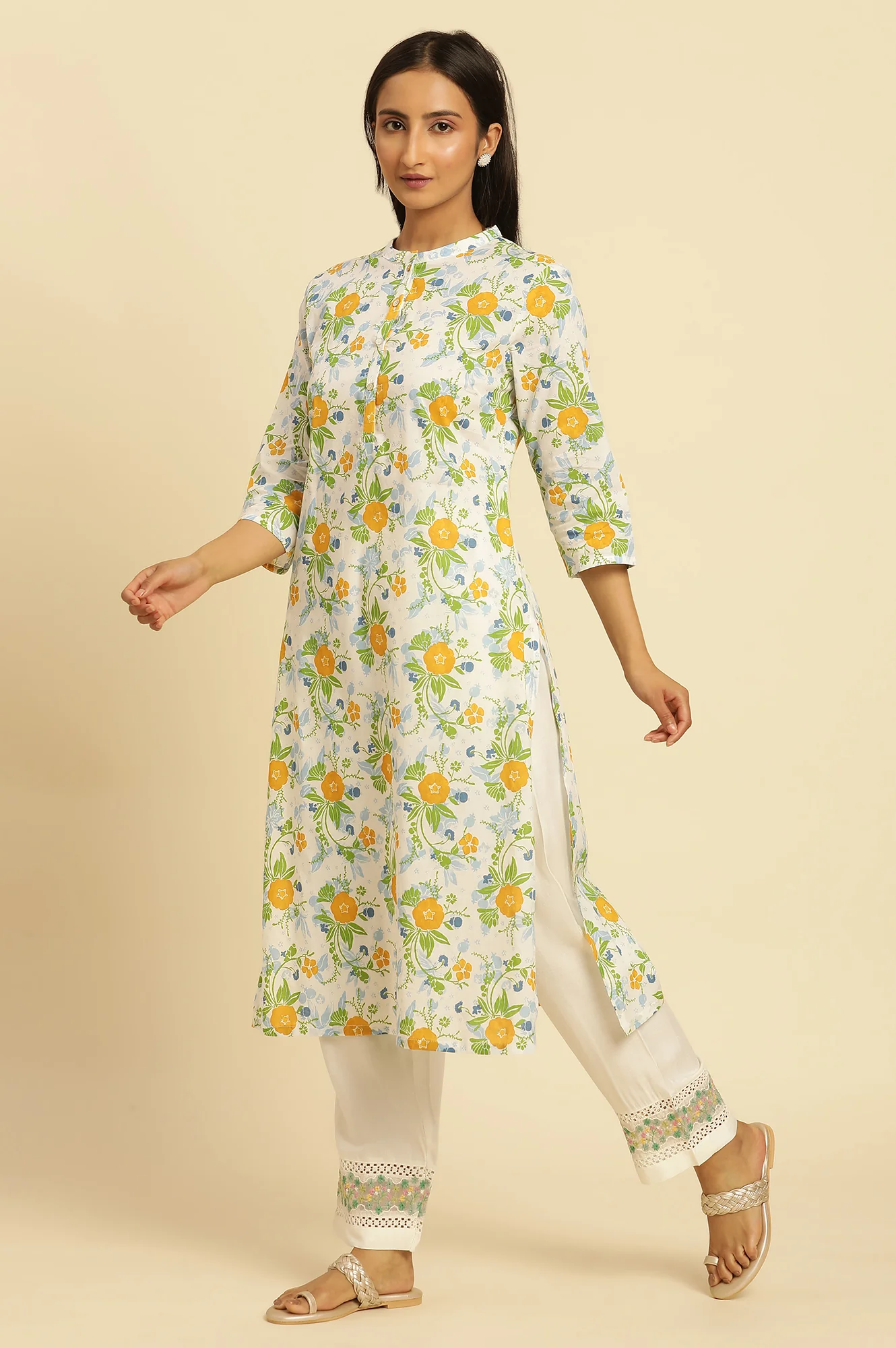 White Straight Kurta With Multi-Coloured Floral Print - Image 3
