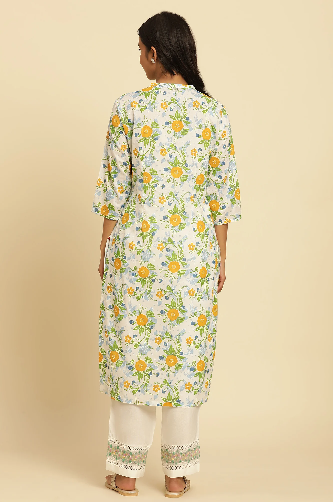 White Straight Kurta With Multi-Coloured Floral Print - Image 4