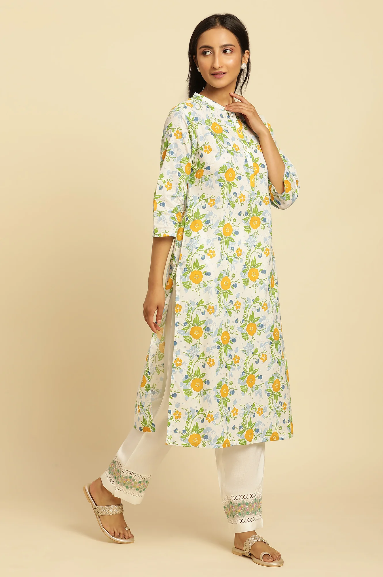 White Straight Kurta With Multi-Coloured Floral Print - Image 5