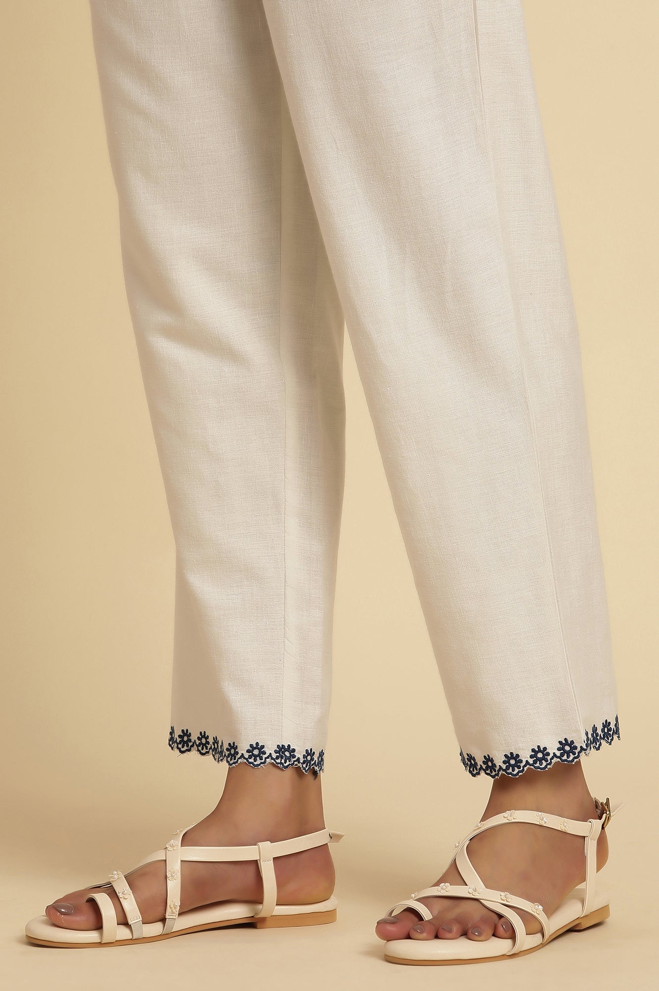 White Straight Pants With Embroidered Hemline - Image 8
