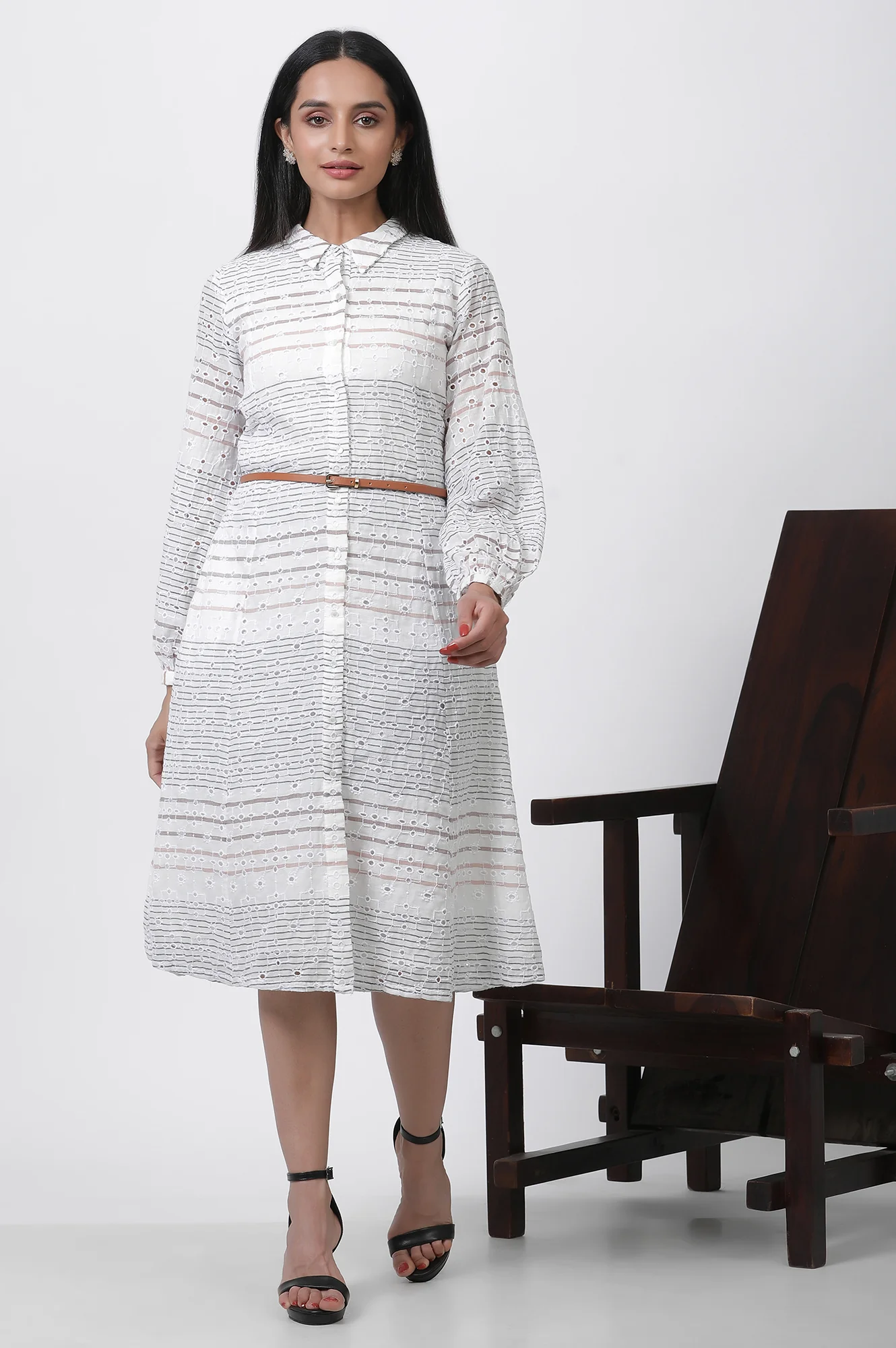 White Striped Cotton Schiffli A-line Dress - Image 2