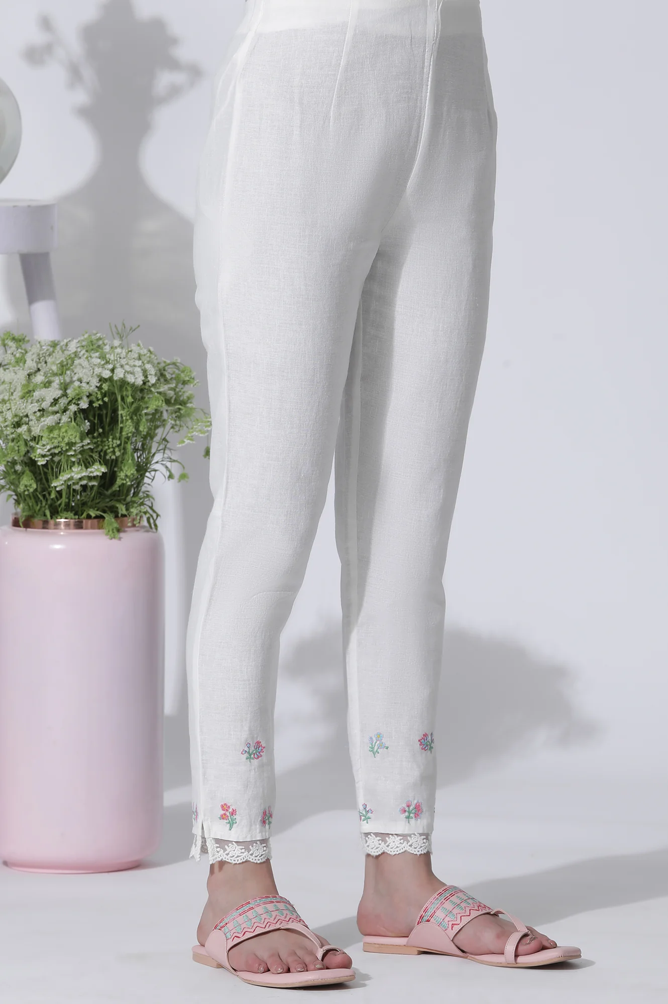 White Swiss Dot Embroidered Dress With Slim Pants Set - Image 9