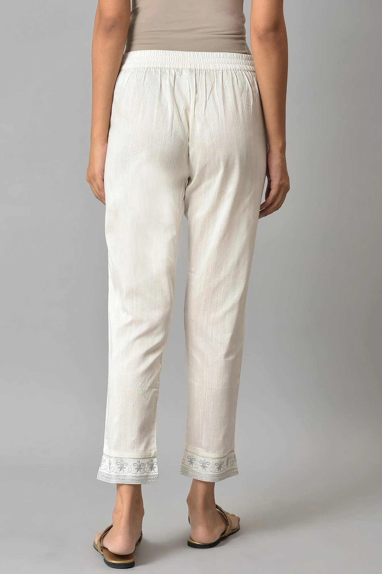 White Floral Wide Leg Cotton Pants With Elasticated Waist - Image 2