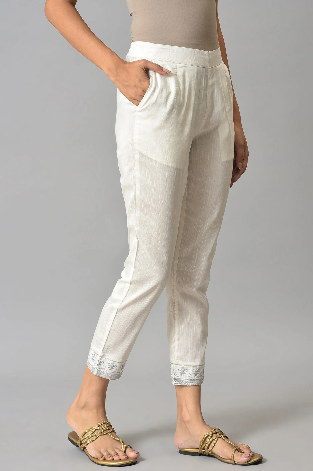 White Floral Wide Leg Cotton Pants With Elasticated Waist - Image 4
