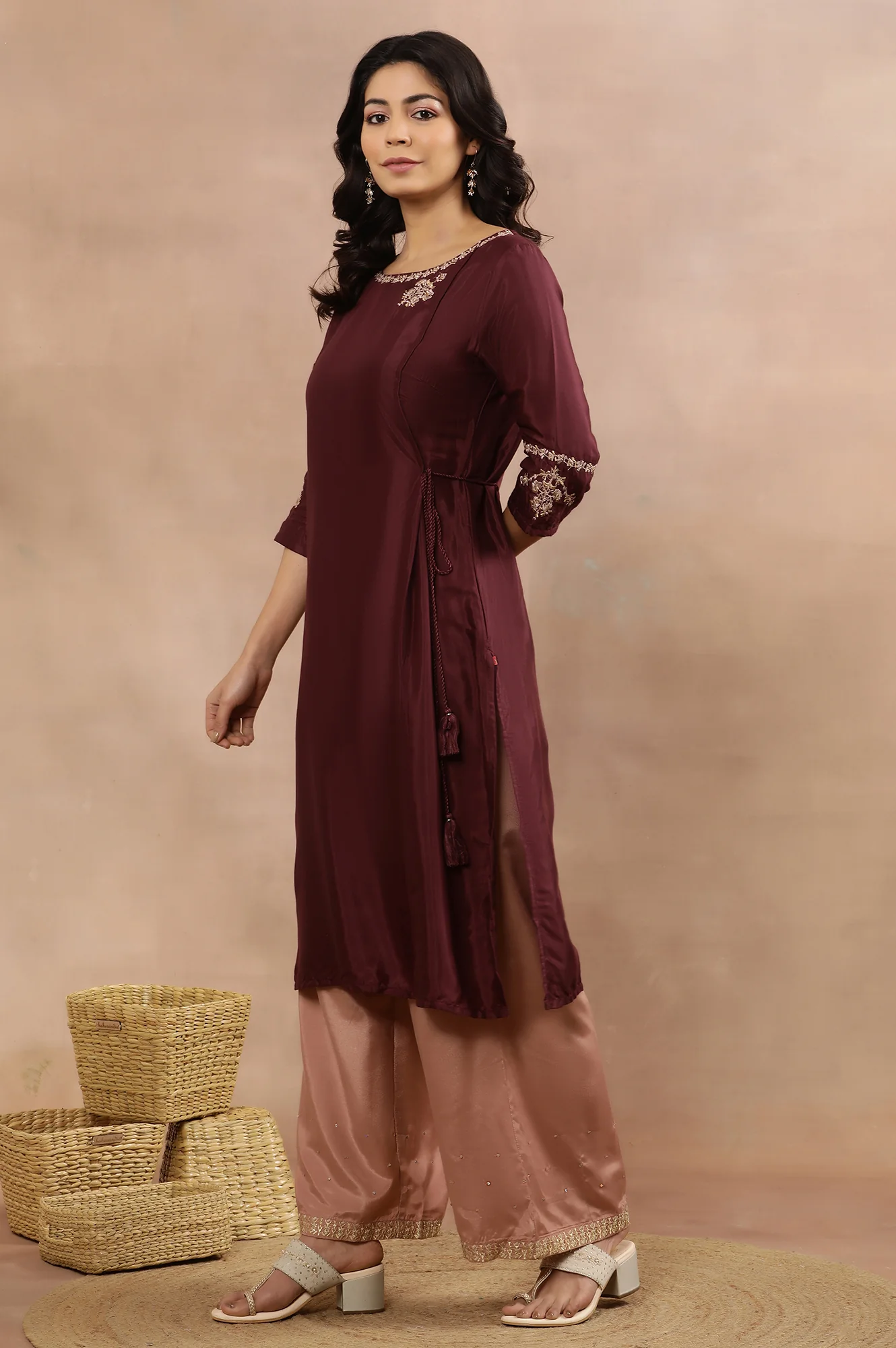 Wine Embroidered Kurta, Pink Flared Pants And Dupatta Set - Image 3