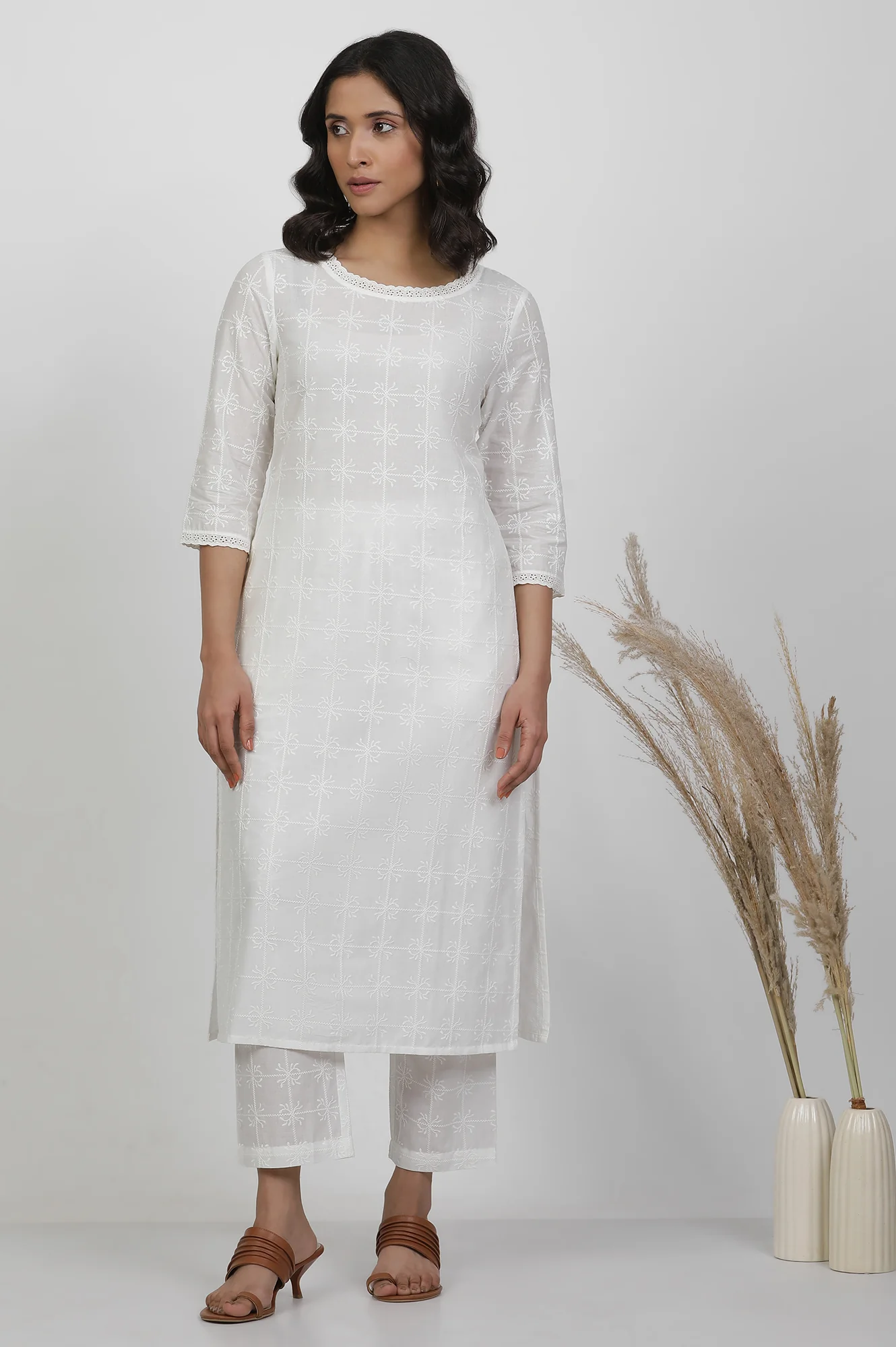 Wite Schiffli Cotton Kurta And Pants Co-Ord Set - Image 2