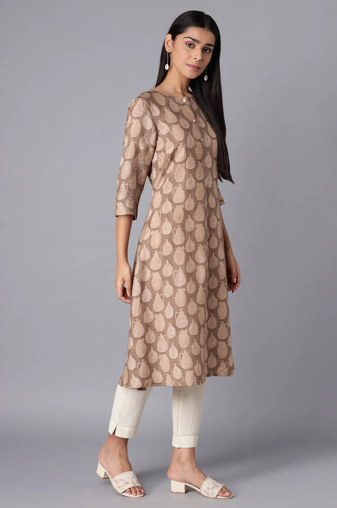 Woodsmoke Brown Printed Shantung A-line kurta - Image 4