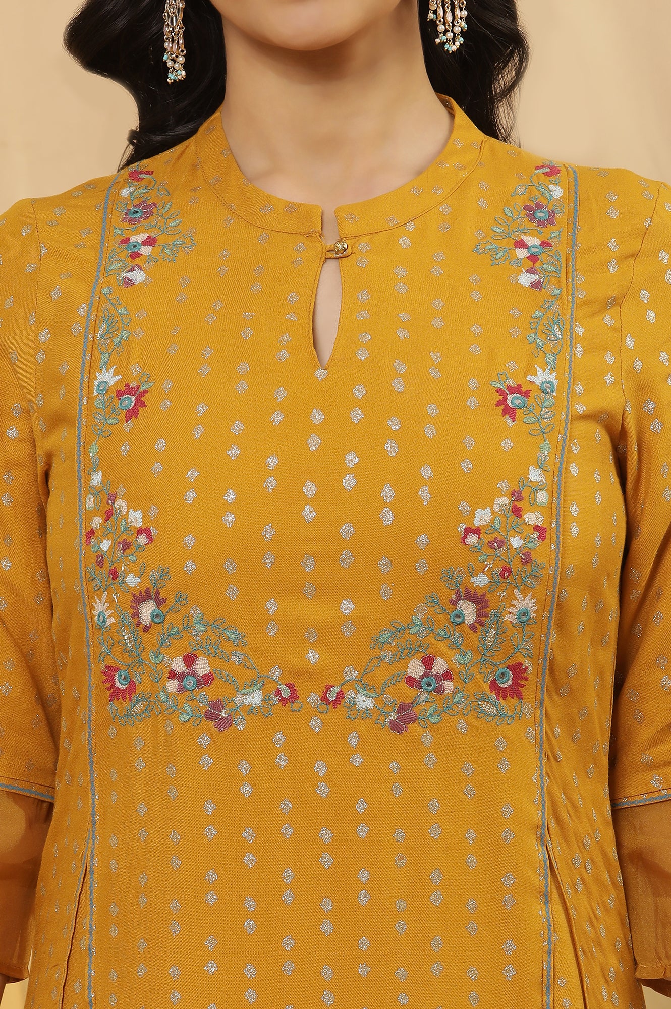 Yellow A-Line Embroidered Kurta And Parallel Pants Set - Image 6