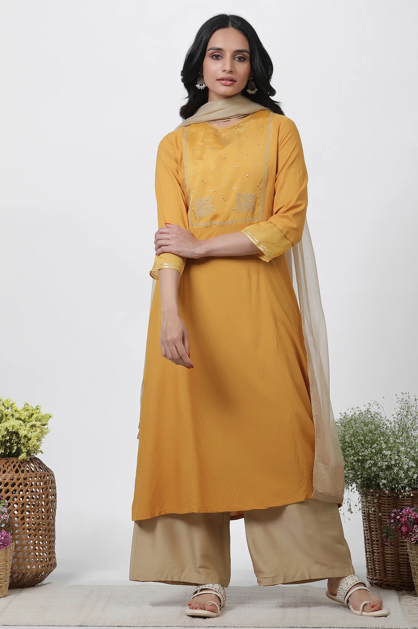 Yellow A-Line Embroidered Kurta, Parallel Pants And Dupatta Set - Image 2