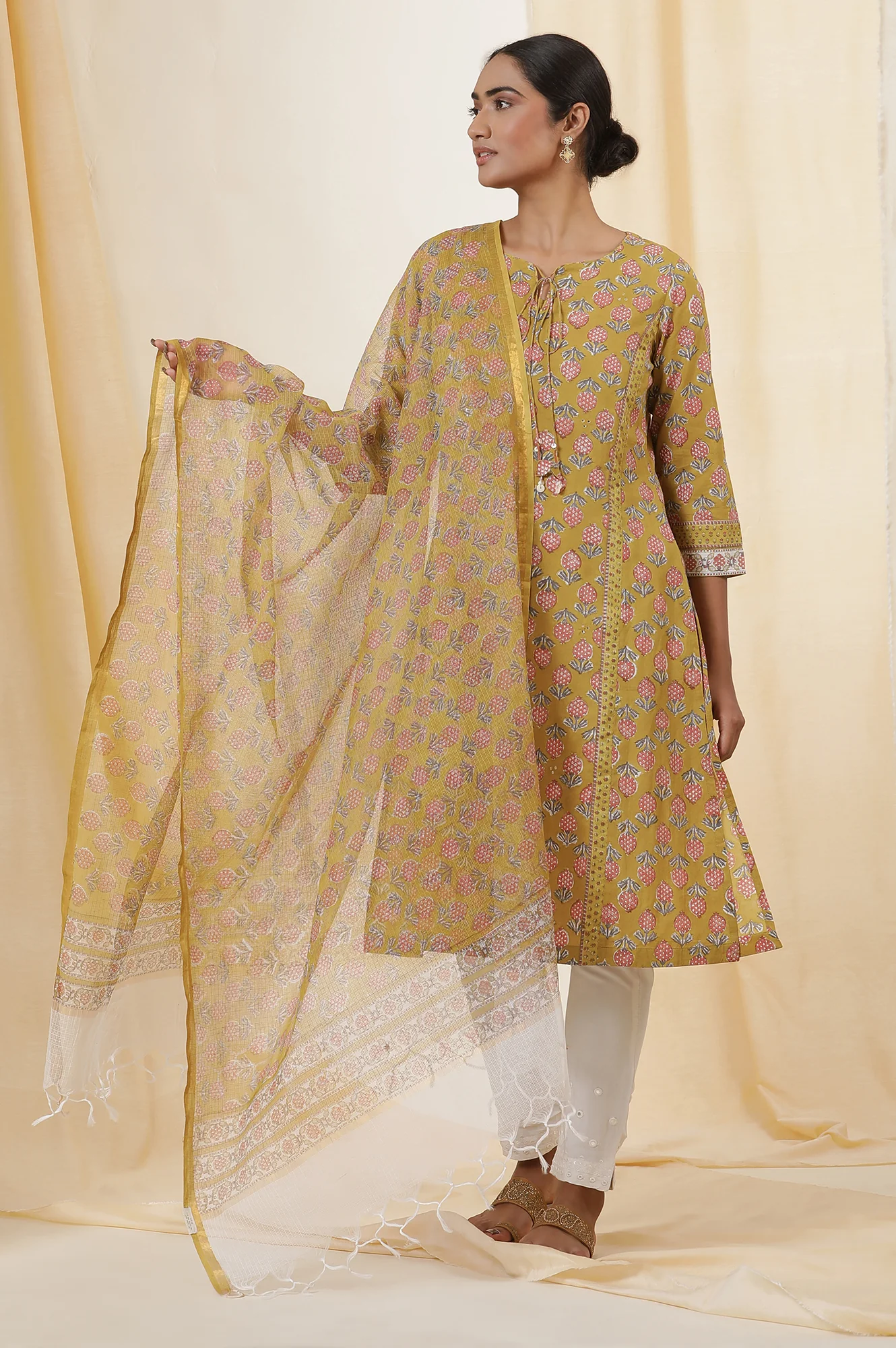 Yellow Buti Block Print Kota Doria Drape - Image 3