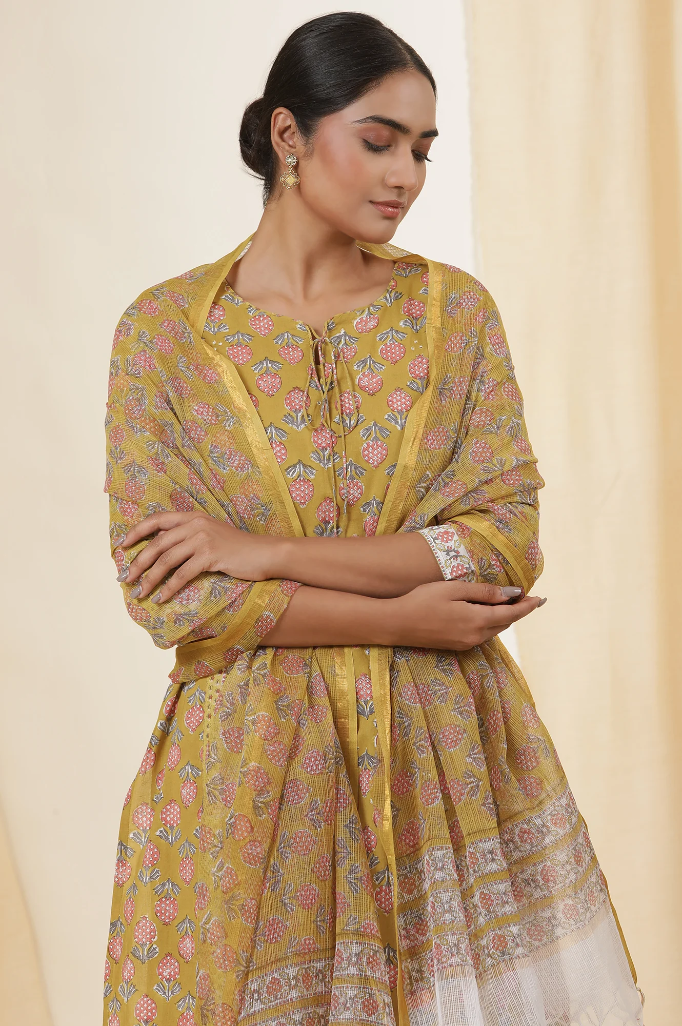 Yellow Buti Block Print Kota Doria Drape - Image 4