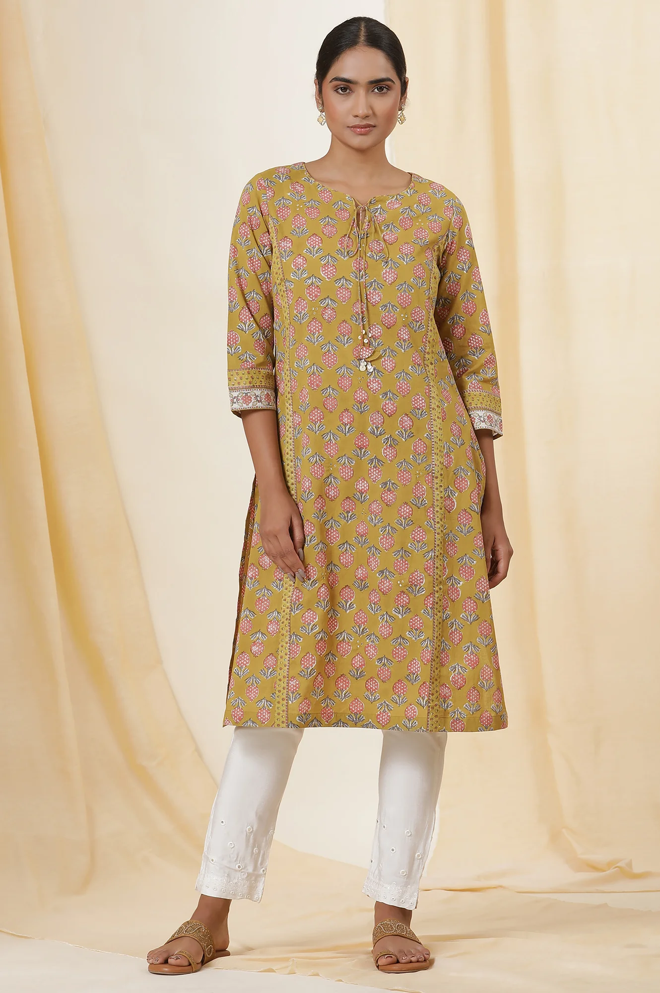 Yellow Buti Print Block Print Kurta - Image 2