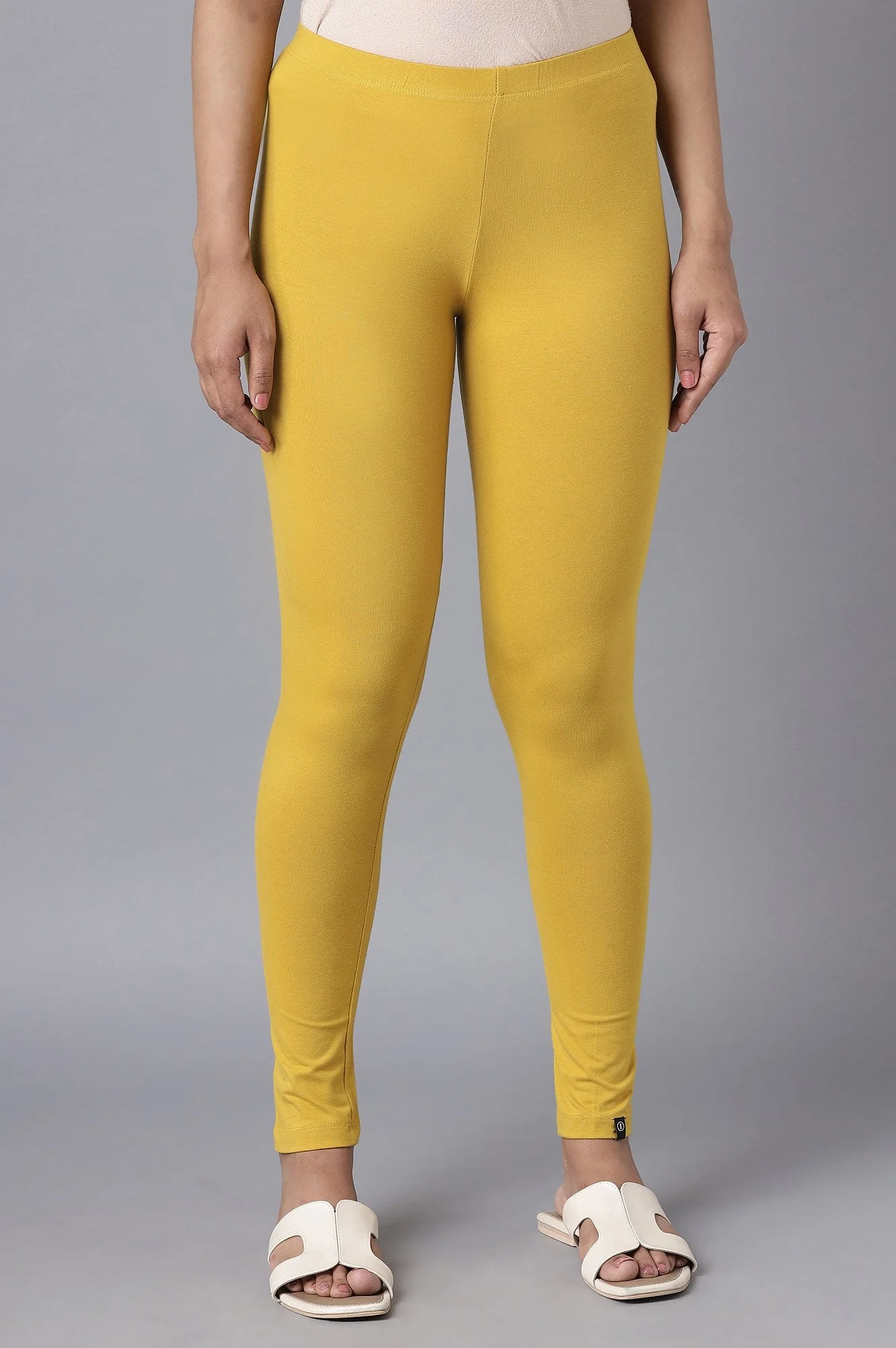 Yellow Solid Skinny Fit Cotton Tights With Elasticated Waistband