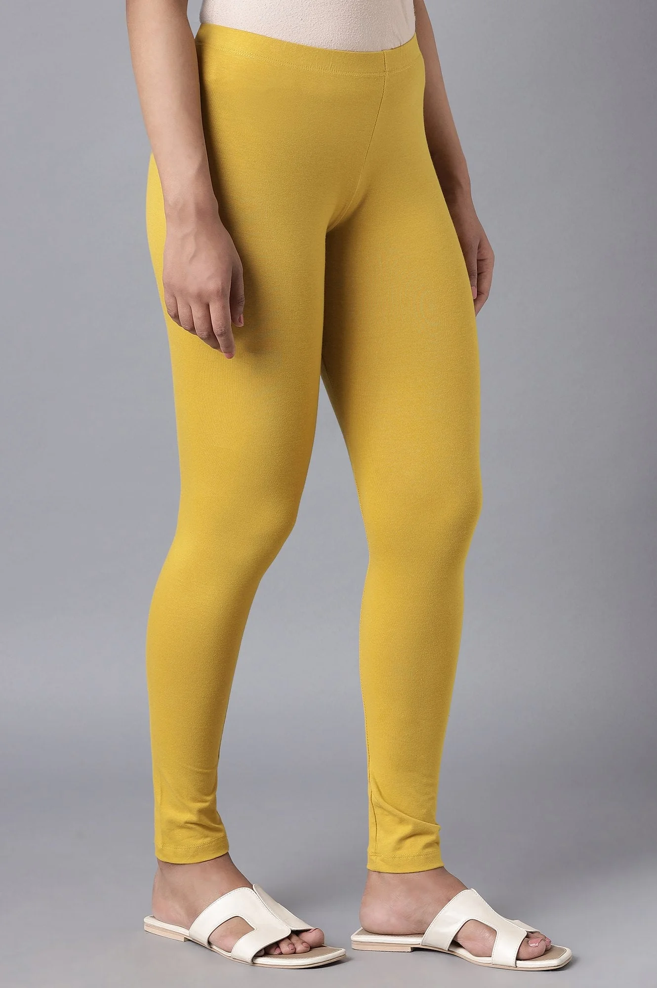 Yellow Solid Skinny Fit Cotton Tights With Elasticated Waistband - Image 4