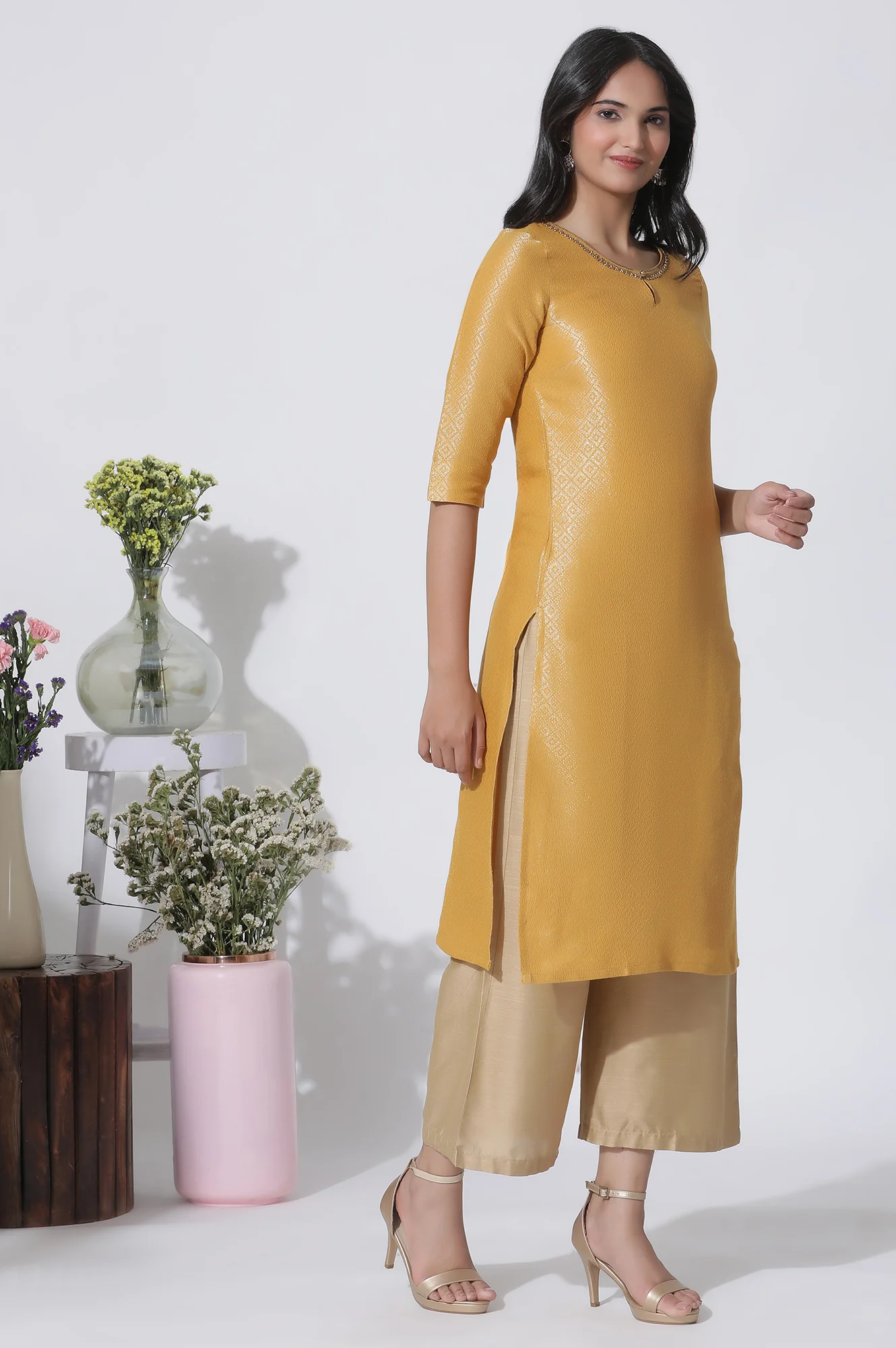 Yellow Cotton Zari Embellished Kurta And Parallel Pants Set - Image 5