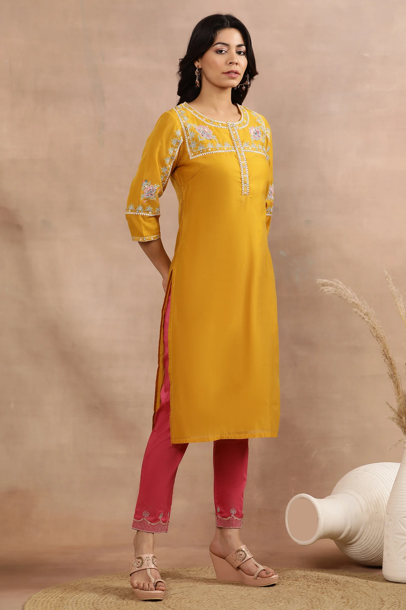 Yellow Embroidered Straight Kurta, Pink Slim Pants And Dupatta Set - Image 5