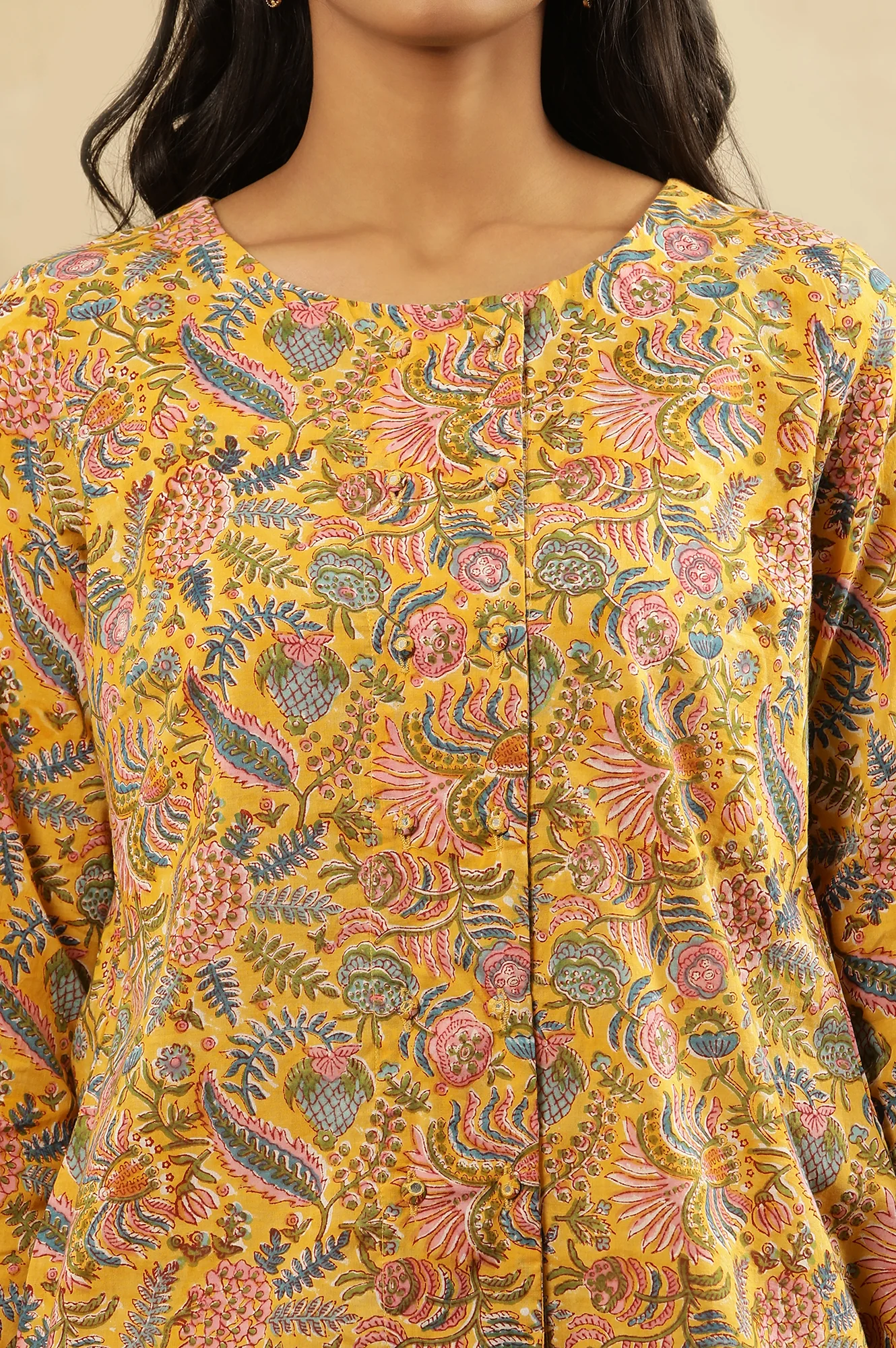 Yellow Floral Block Print Top With Front Placket - Image 6