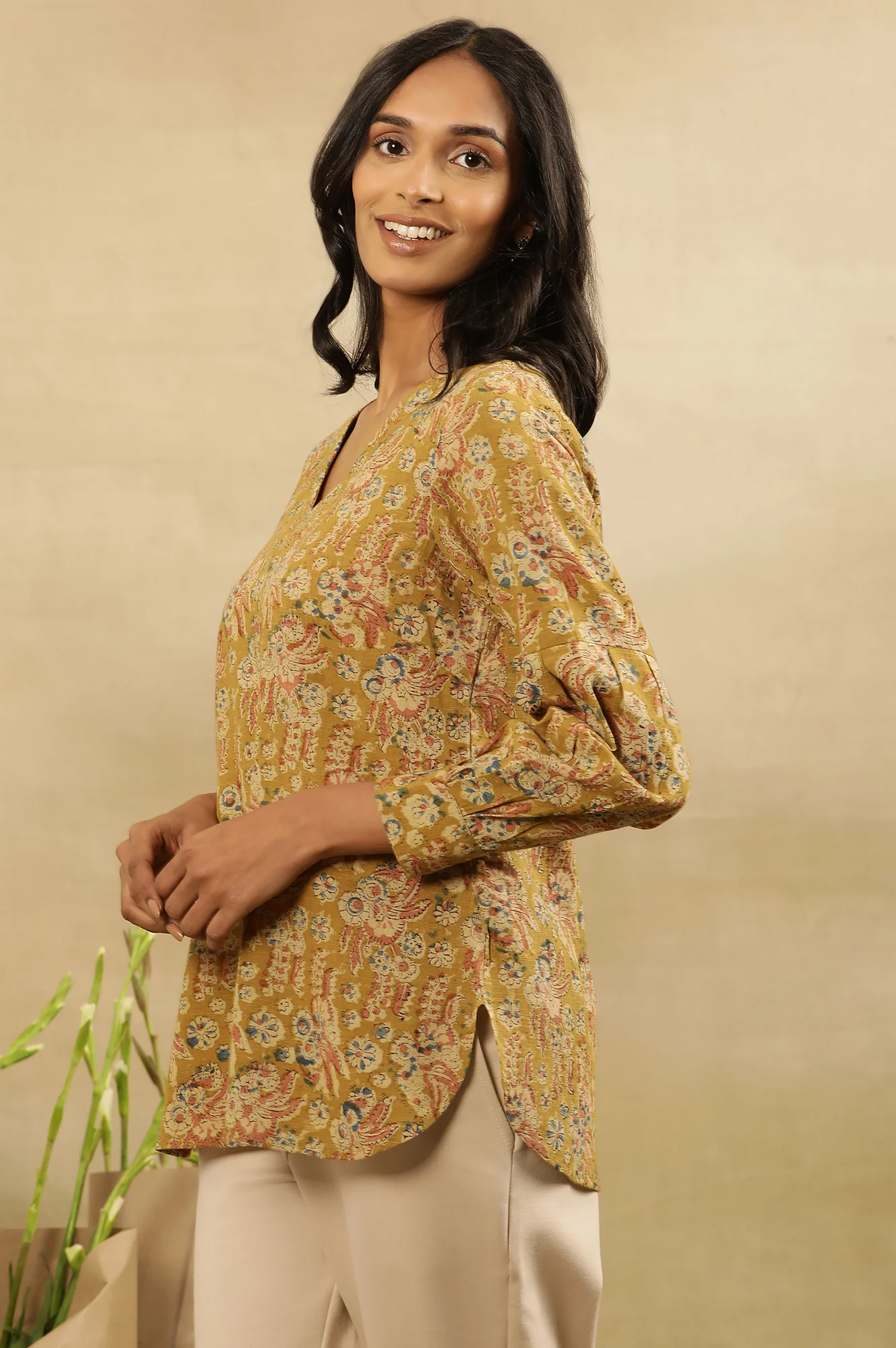 Yellow Floral Block Print V-Neck Top - Image 2