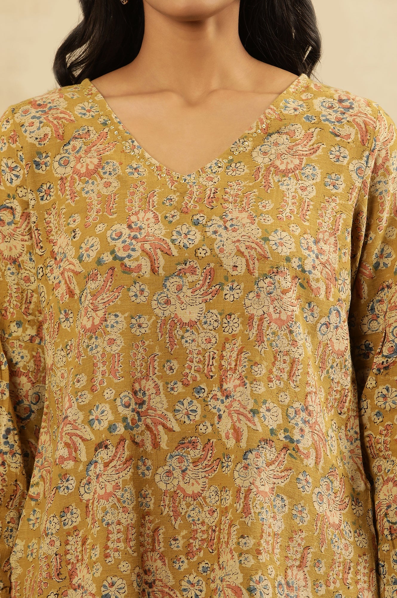 Yellow Floral Block Print V-Neck Top - Image 6