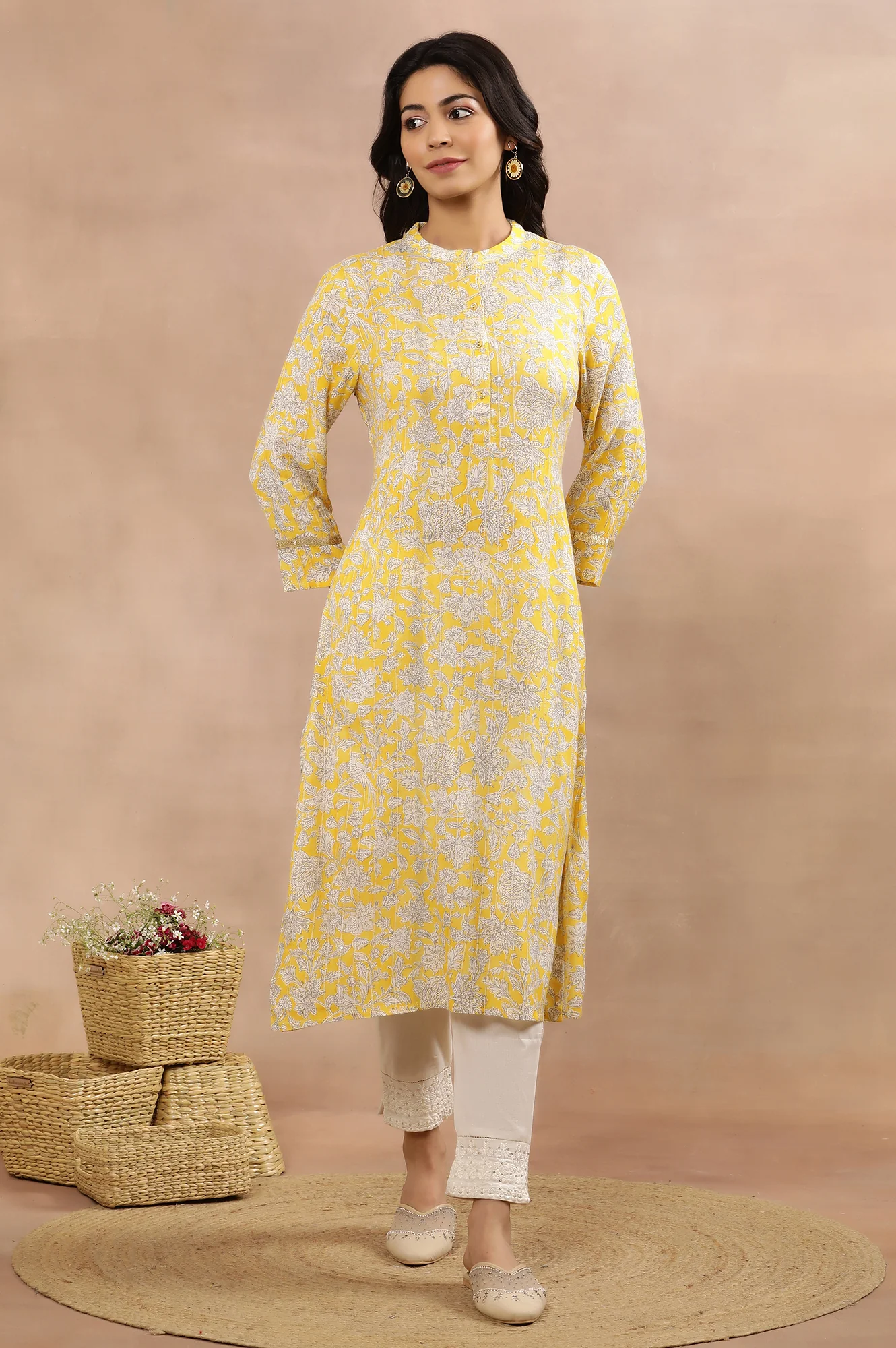 Yellow Floral Printed A-Line Kurta And Slim Pants Set - Image 2