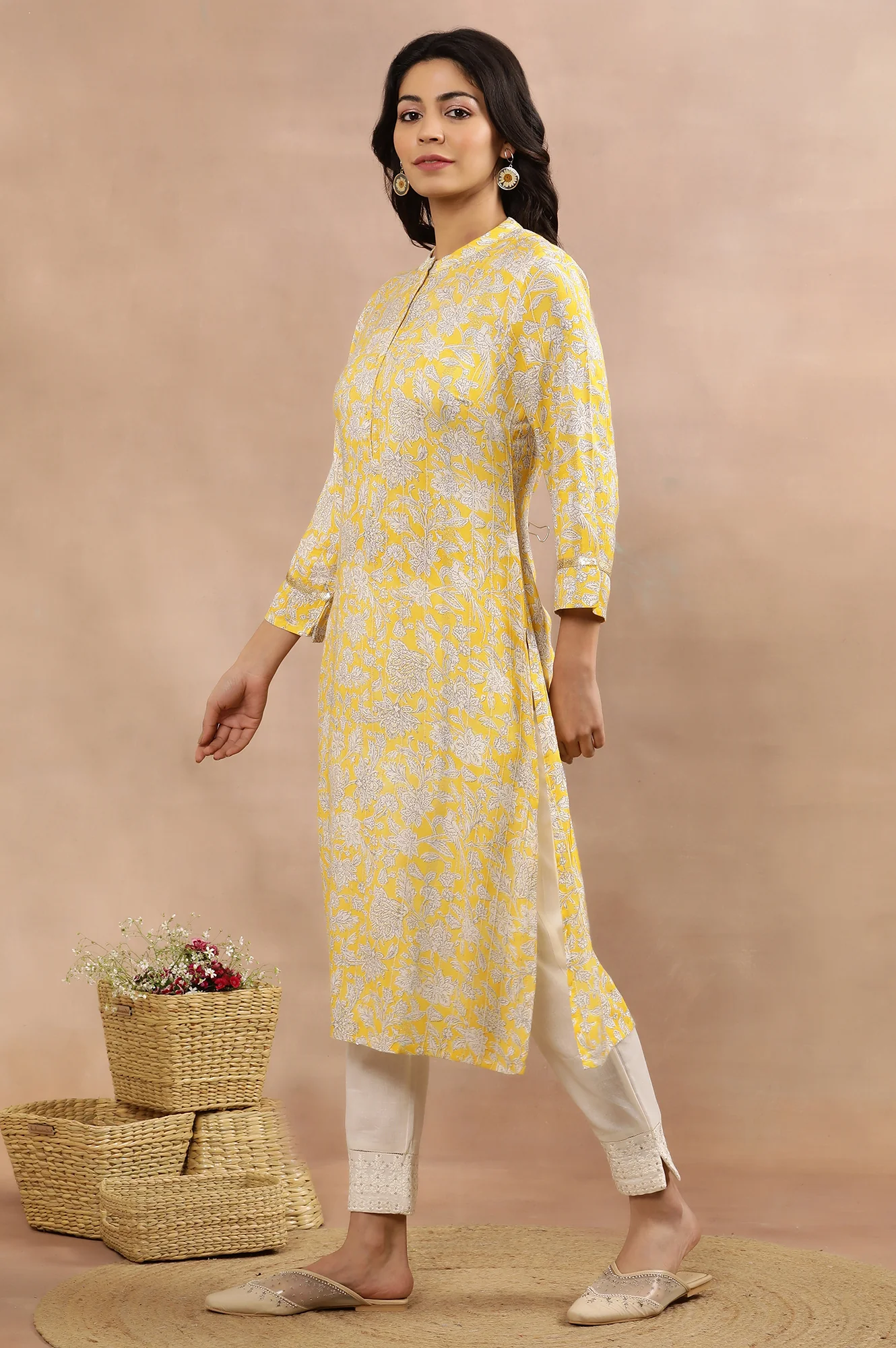 Yellow Floral Printed A-Line Kurta And Slim Pants Set - Image 3