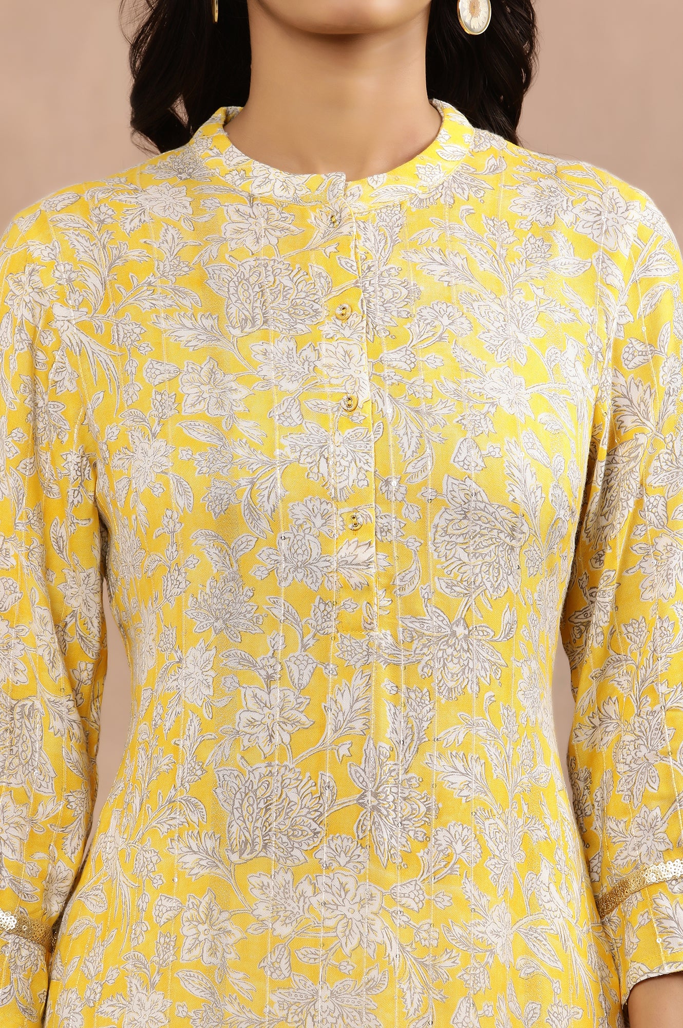Yellow Floral Printed A-Line Kurta And Slim Pants Set - Image 6