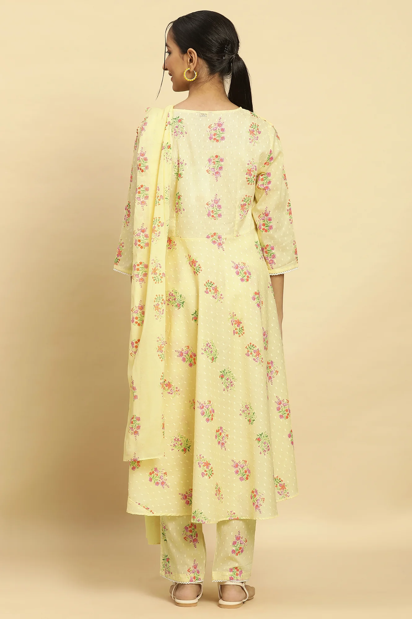 Yellow Floral Printed Flared Kurta, Pants And Dupatta Set - Image 4