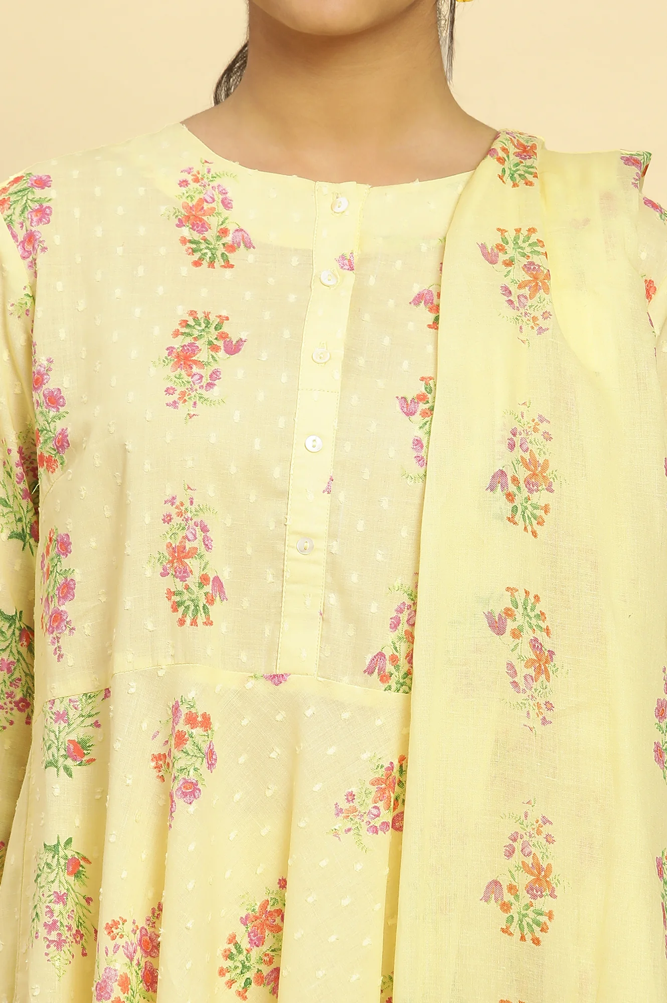 Yellow Floral Printed Flared Kurta, Pants And Dupatta Set - Image 6