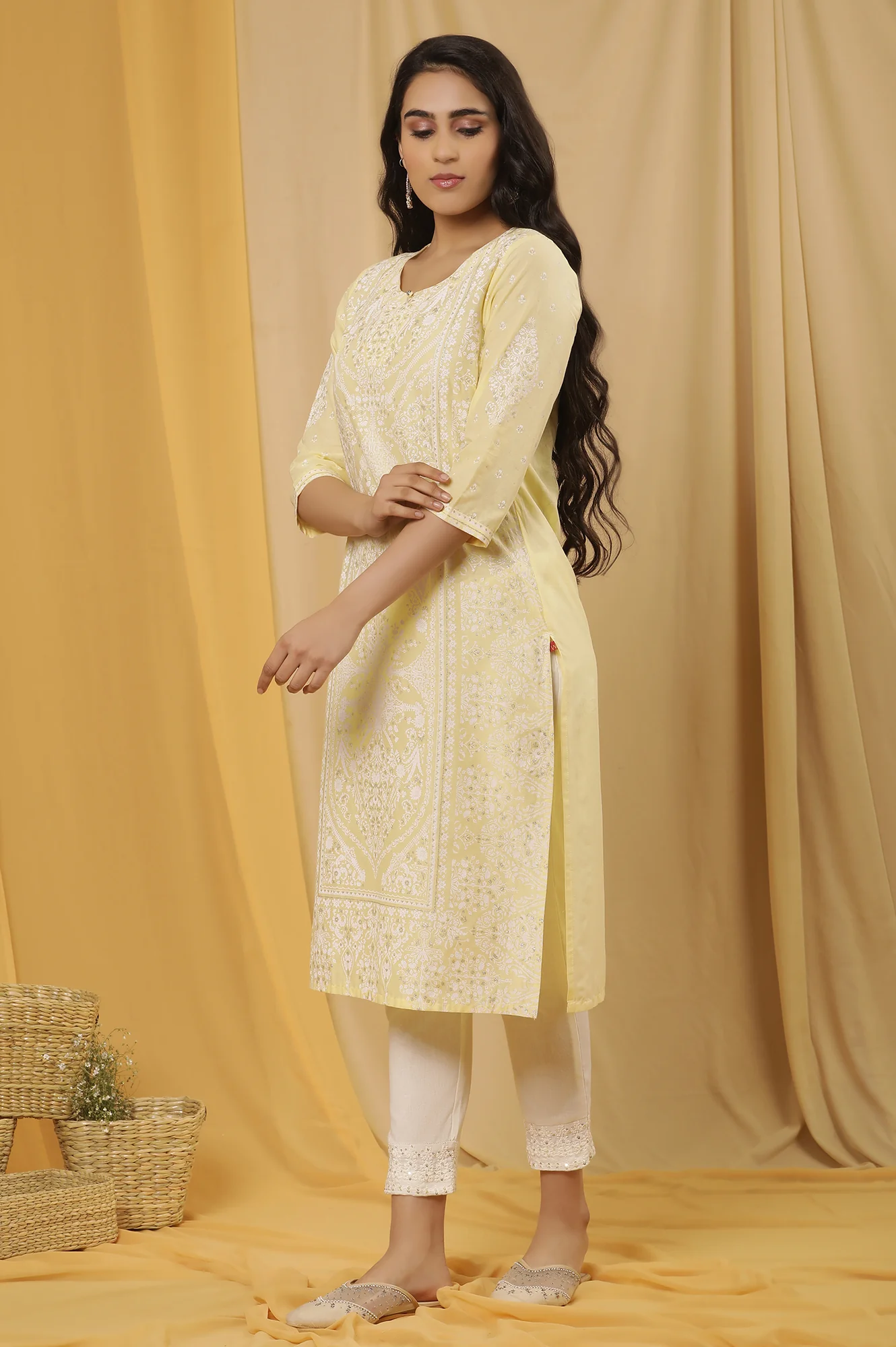 Yellow Glitter Printed Kurta, Pants And Dupatta Set - Image 3