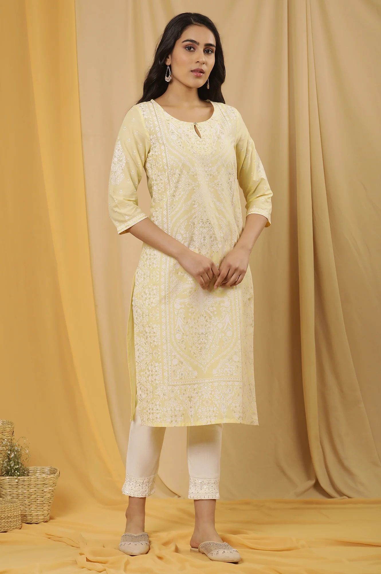 Yellow Glitter Printed Kurta, Pants And Dupatta Set - Image 5