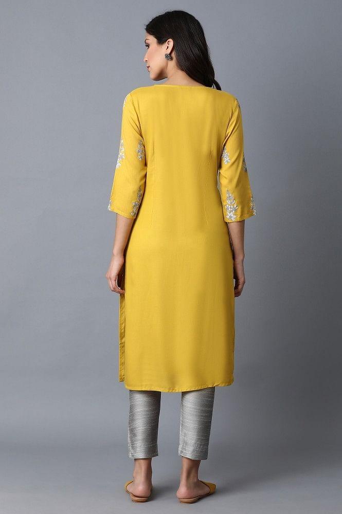 Yellow kurta With Printed Yoke - Image 2